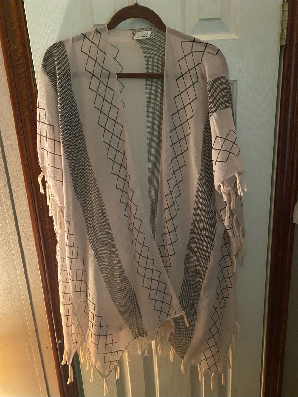 Janice Cream Fringe Open-Front Poncho Kimono
